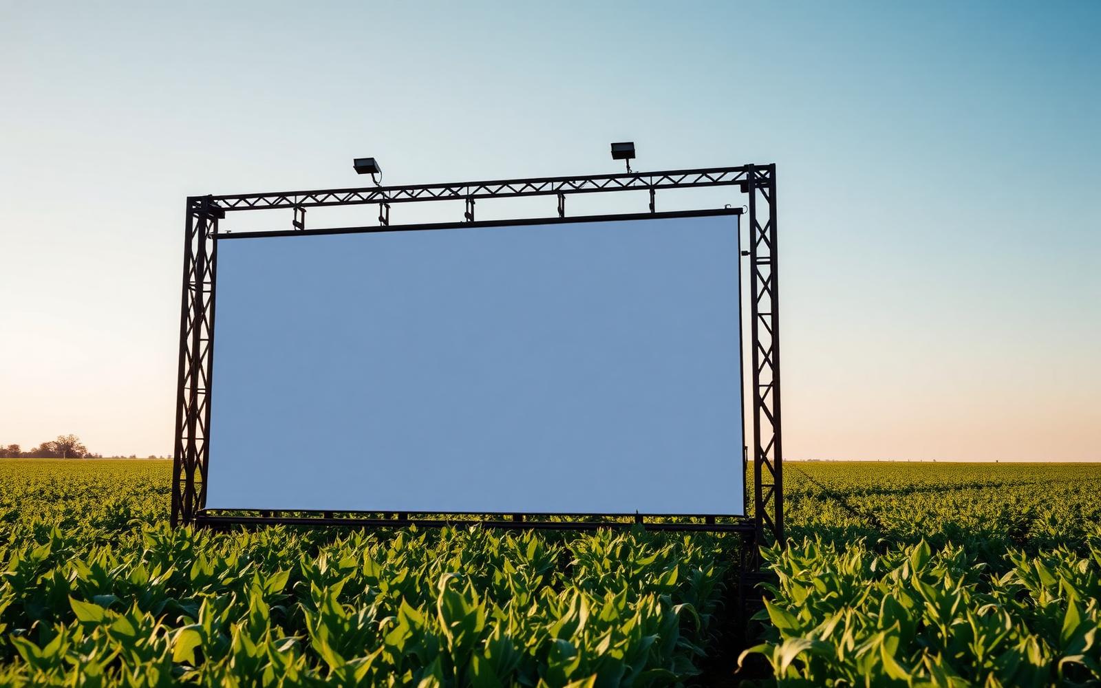Estrutura de painel impresso instalada em lavoura ao pôr do sol